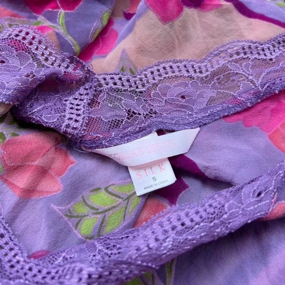 Vtg Y2K 2001 Victoria's Secret 100% Silk Slip Dress Purple Floral Lingerie - Picture 7 of 8